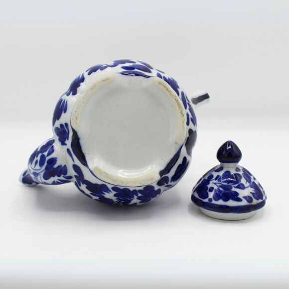 Vintage Blue White Porcelain Teapot Floral Design Small Hand Painted Asian Style - Picture 3 of 6